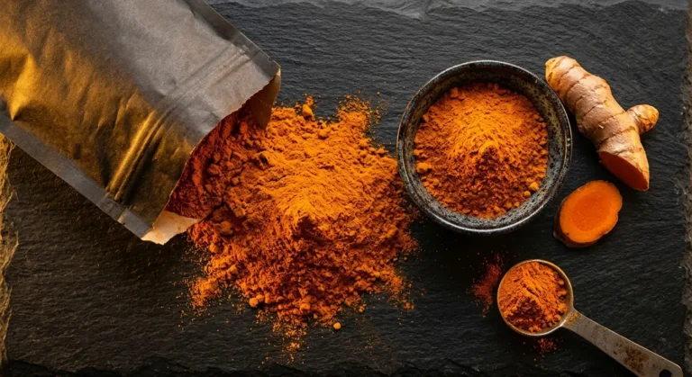 Ceylon Turmeric: The World's Most Studied Spice, at Twice the Potency of Store Brands 1 Ceylon Turmeric Grade No.1 Deep Orange Powder Premium Flat Lay